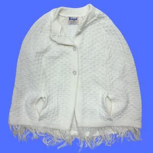 Vintage Royal Cape Poncho Kids White Textured Knit Button Front Fringe Hem USA